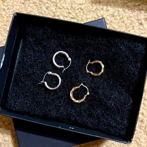 14k solid gold , white and yellow small hoop earrings